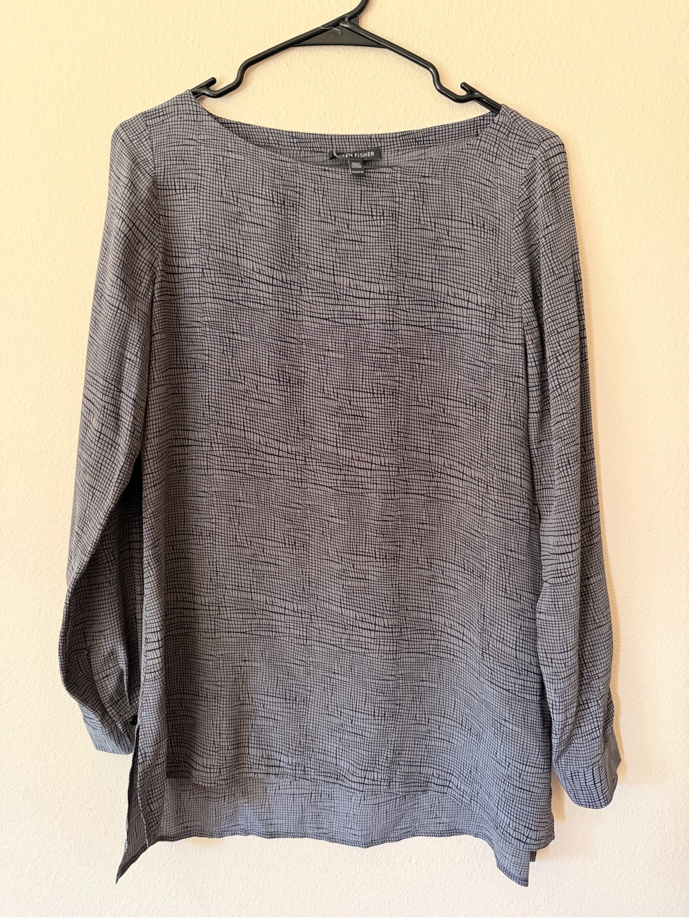 Eileen Fisher 100% Silk Gray Patterned Boatneck Long-Sleeve Tunic